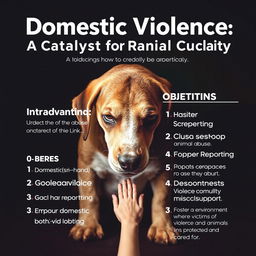 A visually impactful poster addressing domestic violence in relation to animal cruelty, featuring a central image of a distressed animal, symbolizing the connection between human and animal suffering