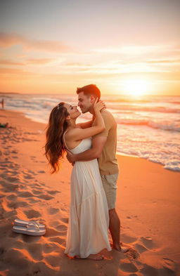 A romantic scene depicting a steamy love story between a couple sharing an intimate kiss on a sandy beach during a breathtaking sunset