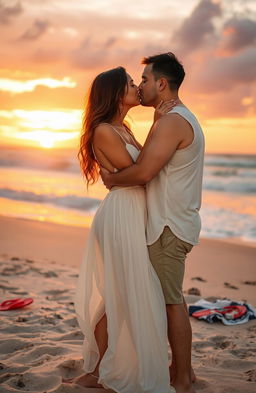 A romantic scene depicting a steamy love story between a couple sharing an intimate kiss on a sandy beach during a breathtaking sunset