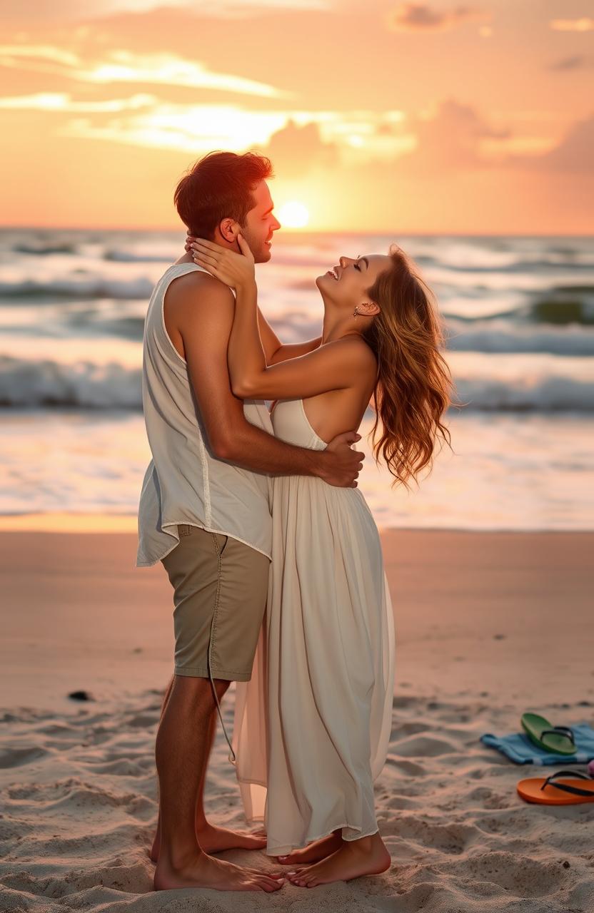 A romantic scene depicting a steamy love story between a couple sharing an intimate kiss on a sandy beach during a breathtaking sunset