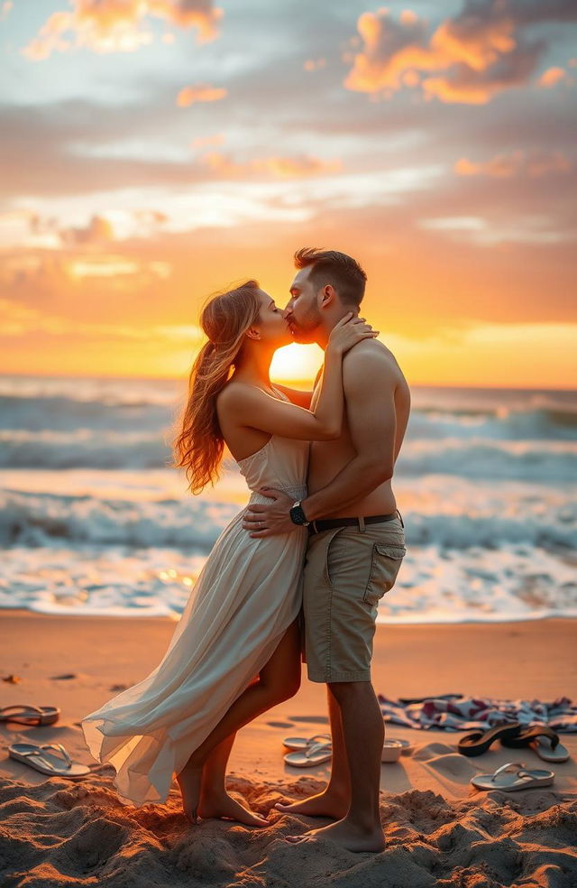 A romantic scene depicting a steamy love story between a couple sharing an intimate kiss on a sandy beach during a breathtaking sunset