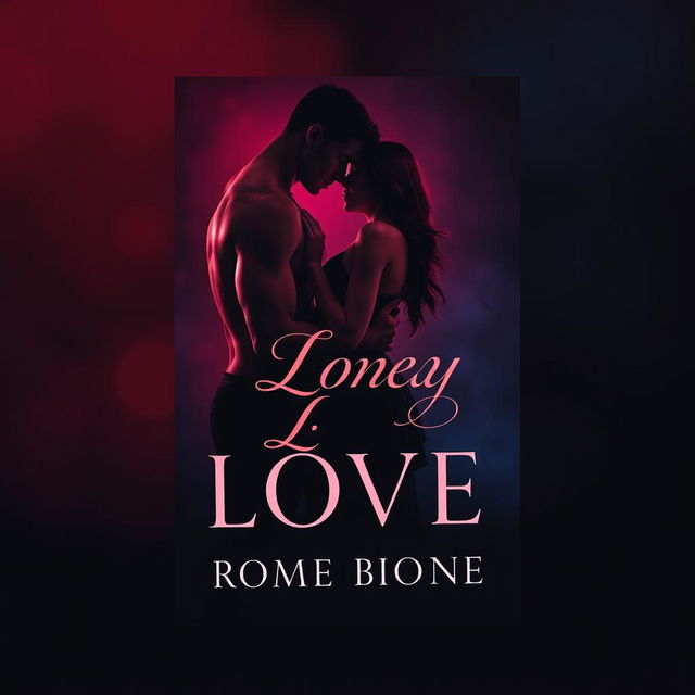 A captivating book cover design for a steamy romance novel, featuring a passionate couple locked in an intense embrace against a backdrop of dark, moody colors