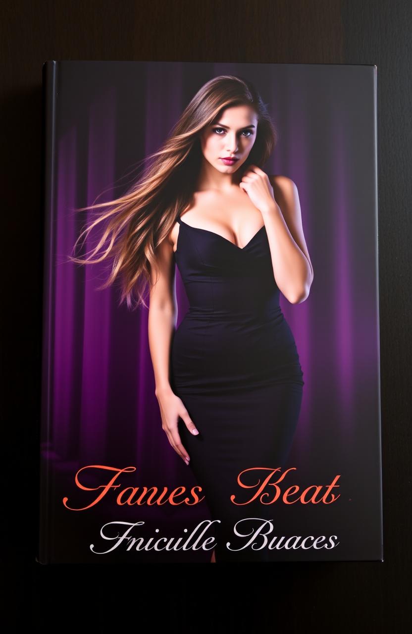 A striking book cover featuring a sultry model with long, flowing hair, dressed in an elegant, form-fitting black dress that accentuates her curves