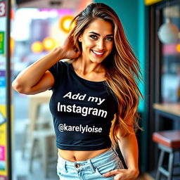 A sexy woman posing confidently, wearing a stylish and fitted t-shirt that features the text 'Add my Instagram @karelyloise' prominently displayed