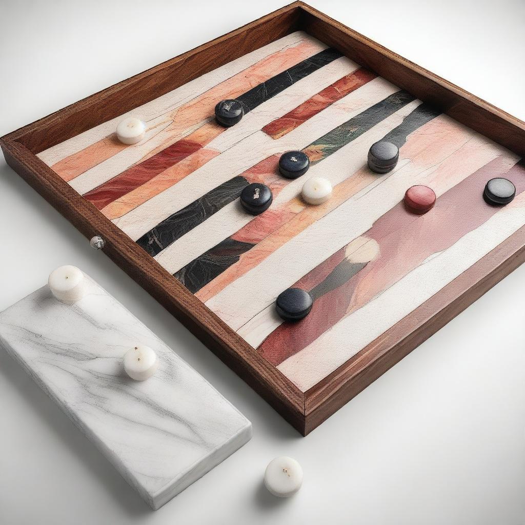 A photorealistic 3D life-size backgammon game board made entirely of detailed marble sections, complete with smooth marble game stones and matching marble dice