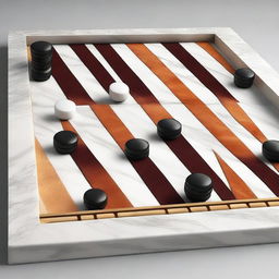 A photorealistic 3D life-size backgammon game board made entirely of detailed marble sections, complete with smooth marble game stones and matching marble dice