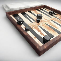 A photorealistic 3D life-size backgammon game board made entirely of detailed marble sections, complete with smooth marble game stones and matching marble dice