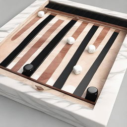 A photorealistic 3D life-size backgammon game board made entirely of detailed marble sections, complete with smooth marble game stones and matching marble dice