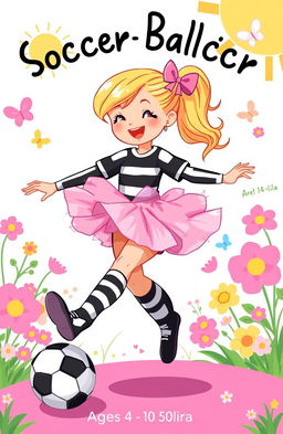A vibrant and whimsical cartoon style illustration for a children's storybook featuring a young girl, around 7 years old, wearing a black and white striped soccer uniform combined with a fluffy pink tutu