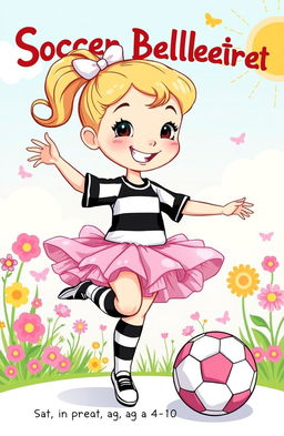 A vibrant and whimsical cartoon style illustration for a children's storybook featuring a young girl, around 7 years old, wearing a black and white striped soccer uniform combined with a fluffy pink tutu