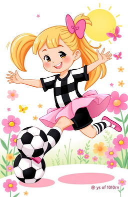 A vibrant and whimsical cartoon style illustration for a children's storybook featuring a young girl, around 7 years old, wearing a black and white striped soccer uniform combined with a fluffy pink tutu