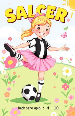 A vibrant and whimsical cartoon style illustration for a children's storybook featuring a young girl, around 7 years old, wearing a black and white striped soccer uniform combined with a fluffy pink tutu