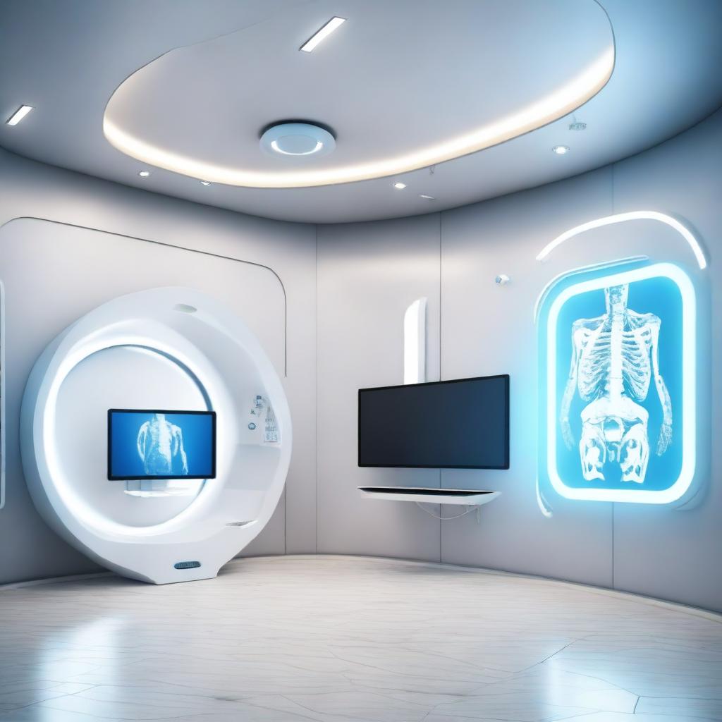 A hyper-realistic 3D rendering of a digital health clinic with futuristic, advanced medical technology.