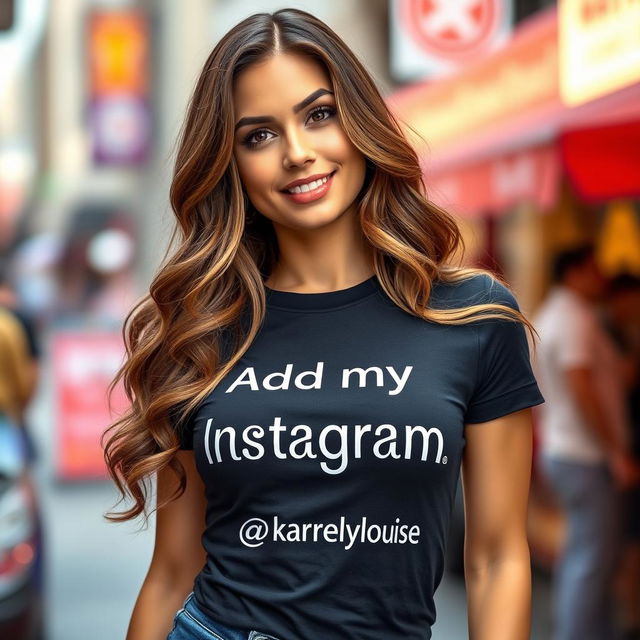 A sexy woman with an alluring pose, wearing a snug, stylish t-shirt that boldly displays the text 'Add my Instagram @karelyloise'