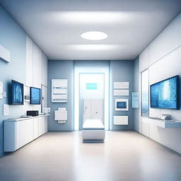 A hyper-realistic 3D rendering of a digital health clinic with futuristic, advanced medical technology.