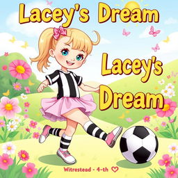 A delightful and colorful cartoon style illustration for a children's storybook landscape featuring the text 'Lacey's Dream
