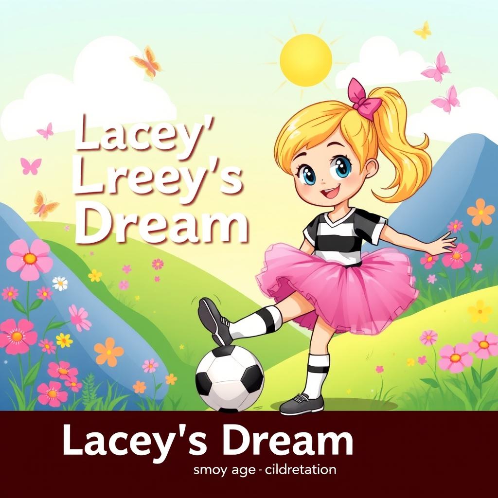 A delightful and colorful cartoon style illustration for a children's storybook landscape featuring the text 'Lacey's Dream