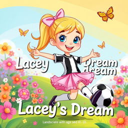 A delightful and colorful cartoon style illustration for a children's storybook landscape featuring the text 'Lacey's Dream