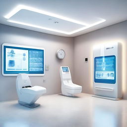 A hyper-realistic 3D rendering of a digital health clinic with futuristic, advanced medical technology.