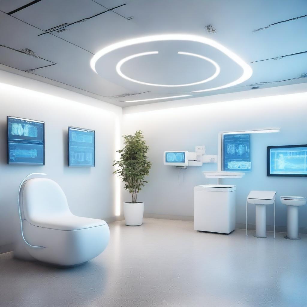 A hyper-realistic 3D rendering of a digital health clinic with futuristic, advanced medical technology.