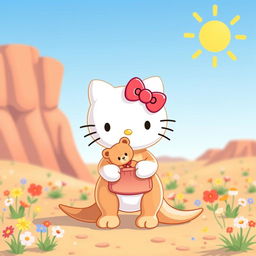 A whimsical and charming design of a Hello Kitty character styled as a kangaroo