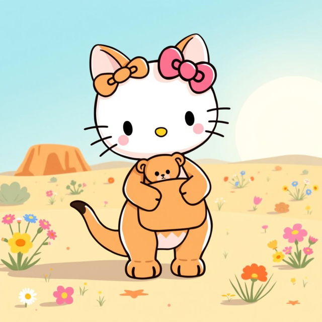 A whimsical and charming design of a Hello Kitty character styled as a kangaroo