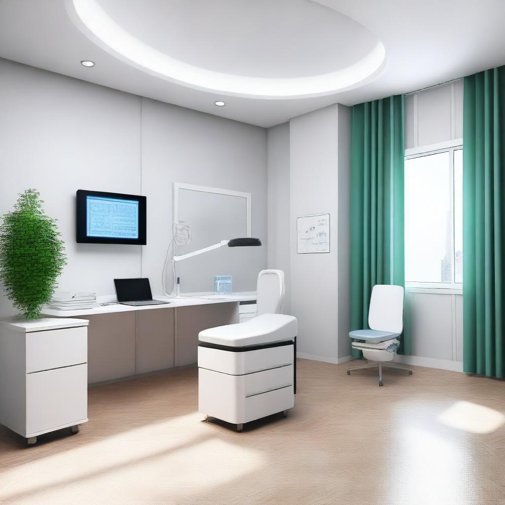 A photorealistic 3D image of an AI-powered digital healthcare office with state-of-the-art medical equipment.