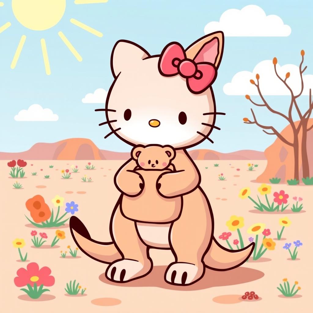 A whimsical and charming design of a Hello Kitty character styled as a kangaroo