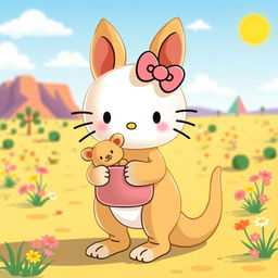 A whimsical and charming design of a Hello Kitty character styled as a kangaroo