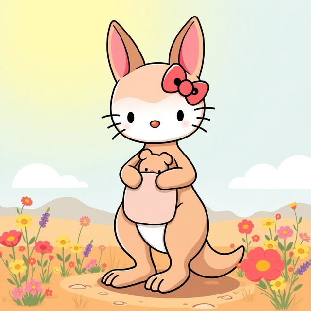 A delightful illustration of a Hello Kitty character resembling a kangaroo