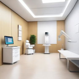 A photorealistic 3D image of an AI-powered digital healthcare office with state-of-the-art medical equipment.