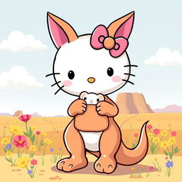 A delightful illustration of a Hello Kitty character resembling a kangaroo