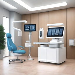 A photorealistic 3D image of an AI-powered digital healthcare office with state-of-the-art medical equipment.