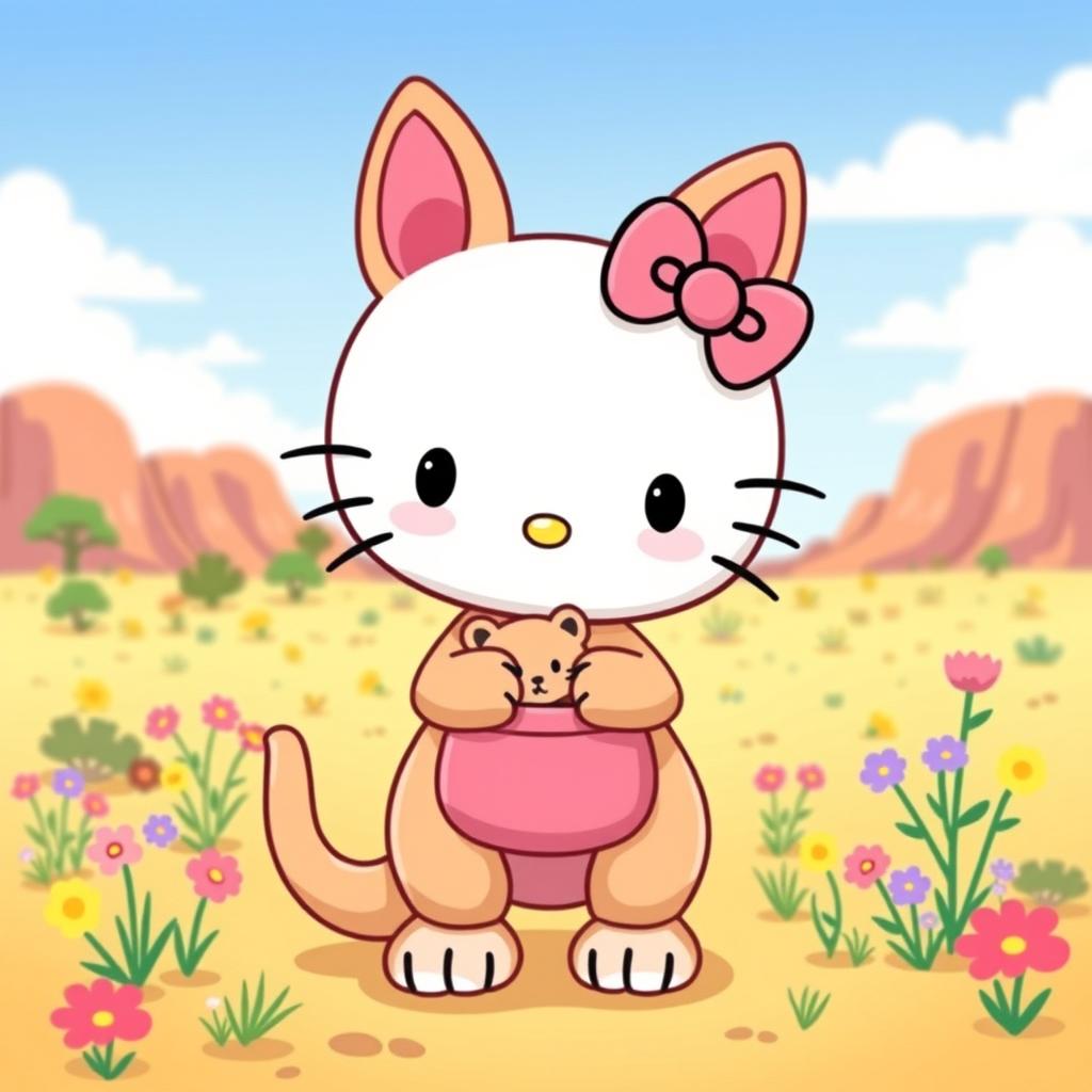 A whimsical and charming design of a Hello Kitty character styled as a kangaroo, without the iconic bow