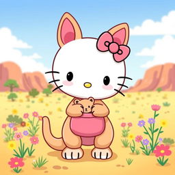 A whimsical and charming design of a Hello Kitty character styled as a kangaroo, without the iconic bow