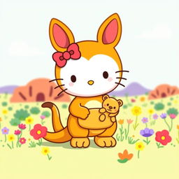A whimsical and charming design of a Hello Kitty character styled as a kangaroo, without the iconic bow