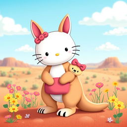 A whimsical and charming design of a Hello Kitty character styled as a kangaroo, without the iconic bow