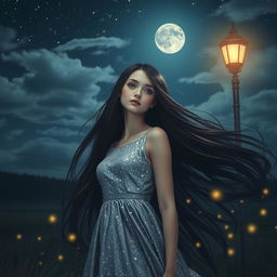 A mysterious girl with long flowing dark hair standing under a starry night sky, wearing a shimmering silver dress that sparkles like stars