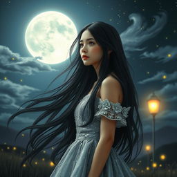 A mysterious girl with long flowing dark hair standing under a starry night sky, wearing a shimmering silver dress that sparkles like stars