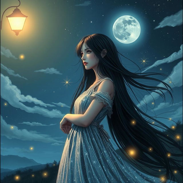 A mysterious girl with long flowing dark hair standing under a starry night sky, wearing a shimmering silver dress that sparkles like stars