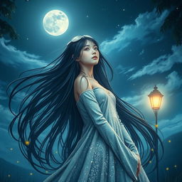 A mysterious girl with long flowing dark hair standing under a starry night sky, wearing a shimmering silver dress that sparkles like stars