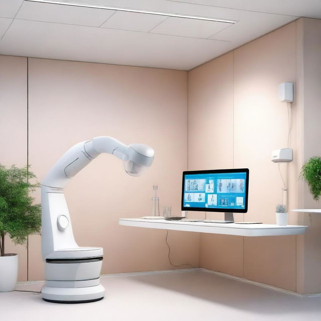 A photorealistic 3D image of an AI-powered digital healthcare office with state-of-the-art medical equipment.