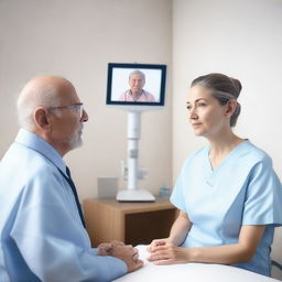 A photorealistic 3D image depicting a patient undergoing a virtual visit and checkup in an AI-powered digital health setting.