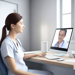 A photorealistic 3D image depicting a patient undergoing a virtual visit and checkup in an AI-powered digital health setting.