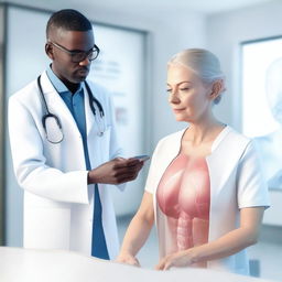 A photorealistic 3D image focusing on an AI-powered digital health virtual checkup, featuring a doctor and patient interaction