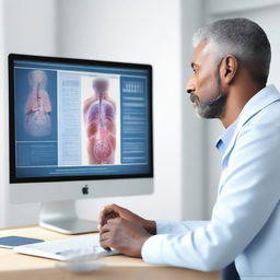 A photorealistic 3D image focusing on an AI-powered digital health virtual checkup, featuring a doctor and patient interaction