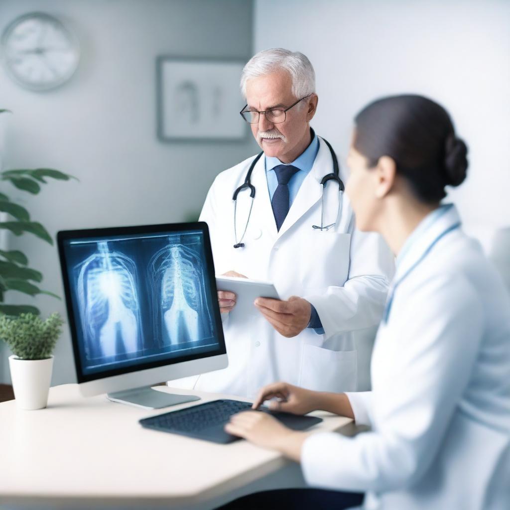 A photorealistic 3D image focusing on an AI-powered digital health virtual checkup, featuring a doctor and patient interaction