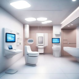 A photorealistic 3D image of an AI-powered digital healthcare clinic, featuring cutting-edge technology and futuristic design