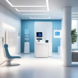 A photorealistic 3D image of an AI-powered digital healthcare clinic, featuring cutting-edge technology and futuristic design