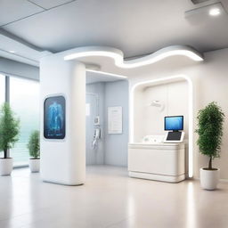 A photorealistic 3D image of an AI-powered digital healthcare clinic, featuring cutting-edge technology and futuristic design